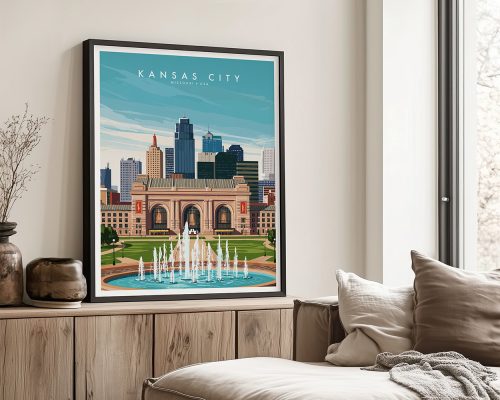 Framed wall art print depicting Kansas City with a fountain and skyline in the background.