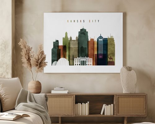 Artistic representation of the Kansas City skyline featuring various buildings and structures.