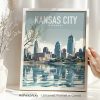 Framed art print of Kansas City featuring skyline and water reflection.