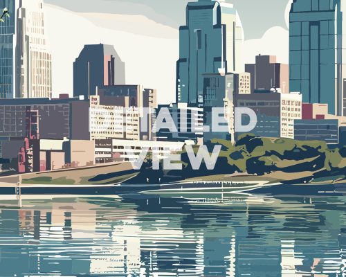 Illustration of the Kansas City skyline with buildings reflected in water.