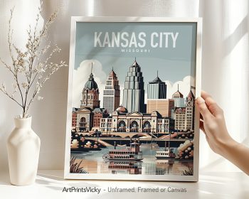 Art print of Kansas City, Missouri featuring buildings and a river in a framed display.