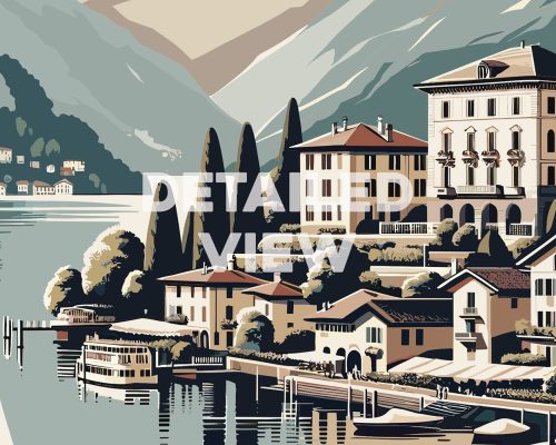 Artistic depiction of Lake Como featuring villas, boats, and mountains in the background.