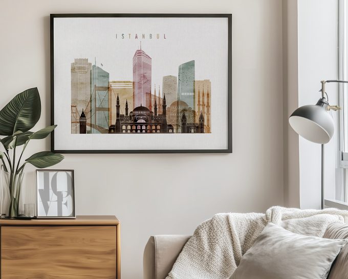 Art print featuring a stylized cityscape of Istanbul with notable buildings and landmarks.