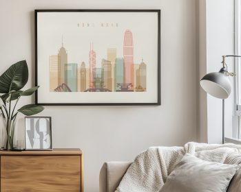 Framed illustration of Hong Kong skyline featuring various buildings in pastel colors.
