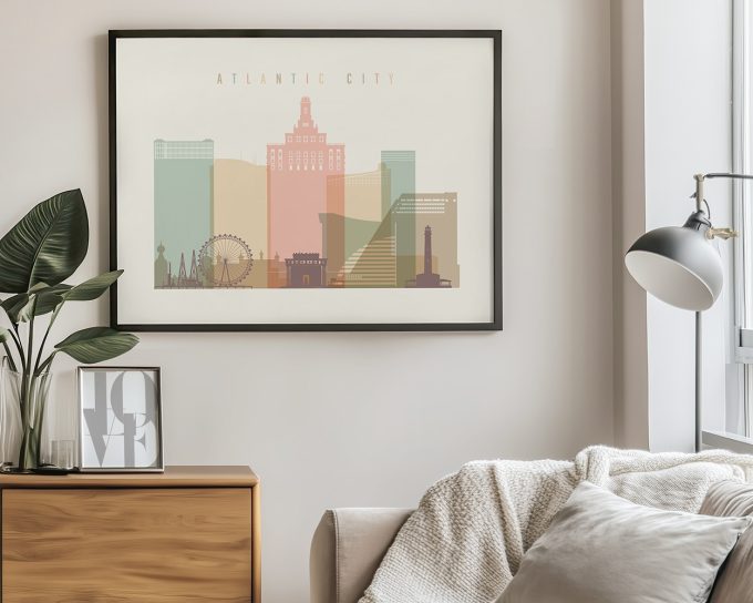 Art print of Atlantic City skyline featuring various buildings and a Ferris wheel in a minimalist style.