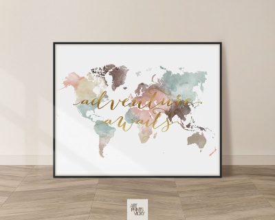 World map poster adventure awaits pastel white