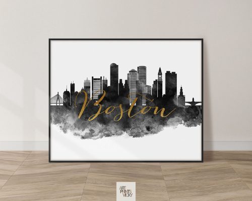 Boston cityscape watercolor poster black white gold
