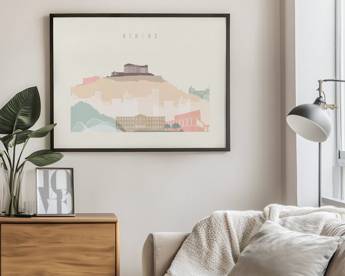 Art print of Athens featuring a stylized depiction of the Acropolis and surrounding buildings.