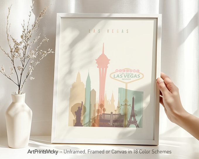 Art print featuring a stylized cityscape of Las Vegas with notable landmarks in pastel colors.