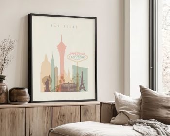 Art print featuring a stylized cityscape of Las Vegas with notable landmarks in pastel colors.