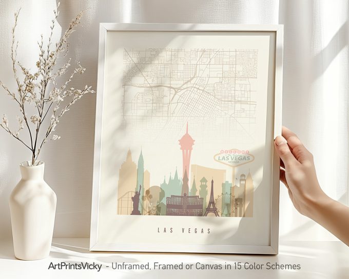 Art print of a Las Vegas map featuring iconic landmarks and a light color scheme.