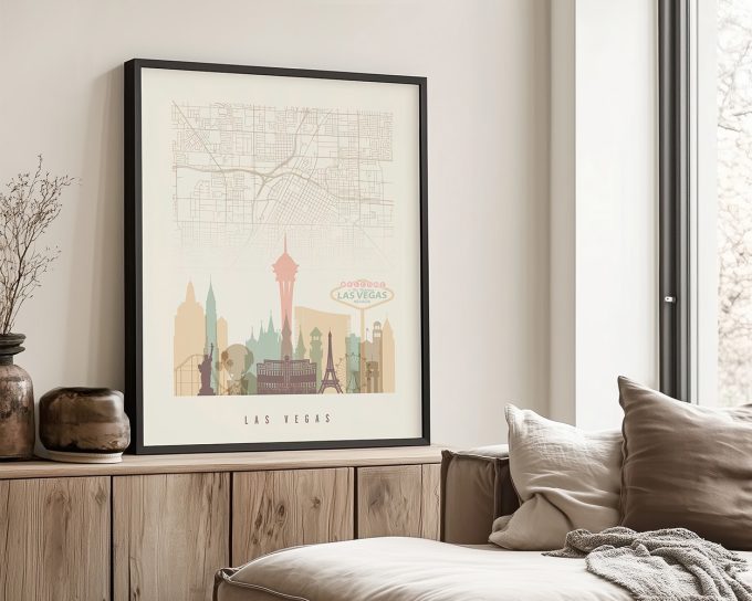 Map of Las Vegas featuring key landmarks and streets in a detailed design.
