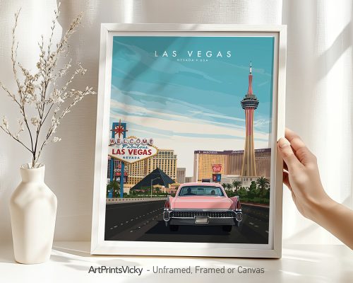 Art print featuring a vintage pink car in front of Las Vegas landmarks and a blue sky.