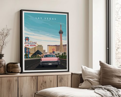 Framed wall art print featuring a vintage car in front of Las Vegas landmarks and the Stratosphere tower.