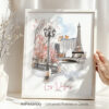 Illustration of Las Vegas featuring the Eiffel Tower replica and cherry blossom trees in a decorative frame.