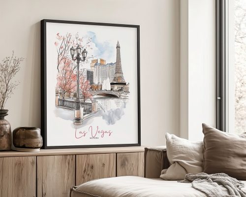 Illustration of Las Vegas featuring the Eiffel Tower and city skyline with trees in the foreground.