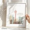 Art print featuring a stylized cityscape of Las Vegas with iconic landmarks and a beige background.