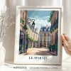 Art print featuring a street scene in Le Marais, Paris, with buildings and a lamp post.