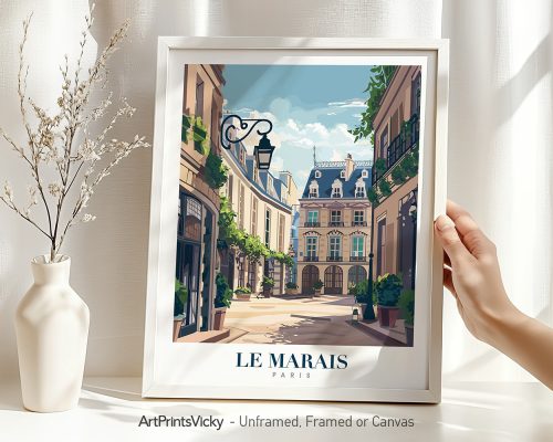 Art print featuring a street scene in Le Marais, Paris, with buildings and a lamp post.