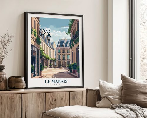 Framed artwork depicting a street scene in Le Marais, Paris, with buildings and greenery.