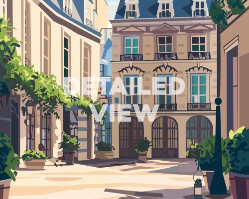 Illustration of a Parisian courtyard featuring buildings with balconies and greenery.