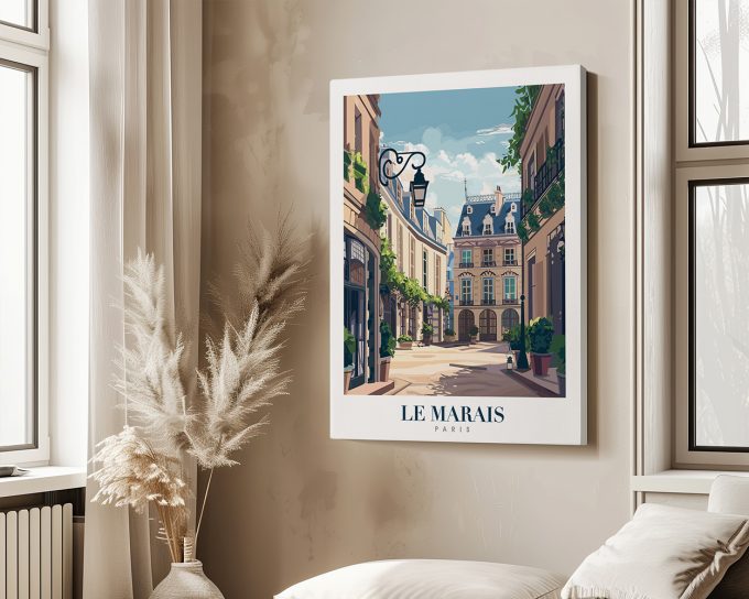 Art print depicting a street scene in Le Marais, Paris, with buildings and greenery.