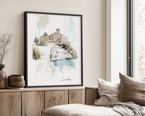 Artistic drawing of Lindos featuring a castle and white buildings by the sea.