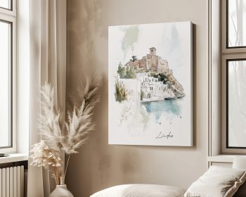 Artistic depiction of Lindos featuring a castle and white buildings by the sea.