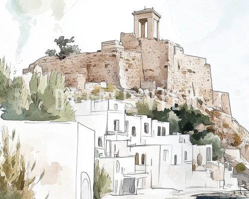 Illustration of the Acropolis of Lindos with ancient ruins and white buildings in the foreground.