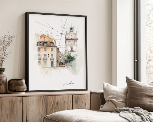 Artistic drawing of Lisbon featuring buildings and a tram in a soft color palette.