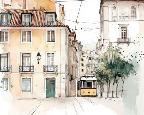 Illustration of a yellow tram traveling through a street in Lisbon with buildings on either side.