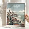 Art print featuring a stylized illustration of Lisbon with buildings and a bridge.