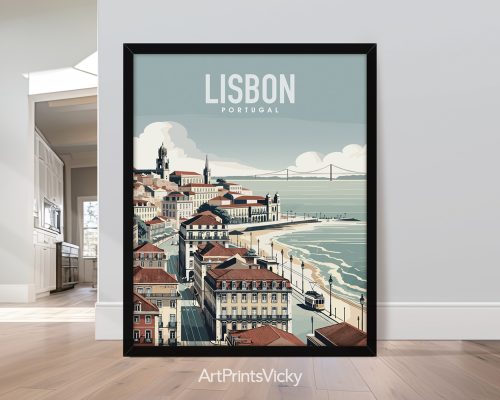 Lisbon skyline travel poster in smooth colors by ArtPrintsVicky
