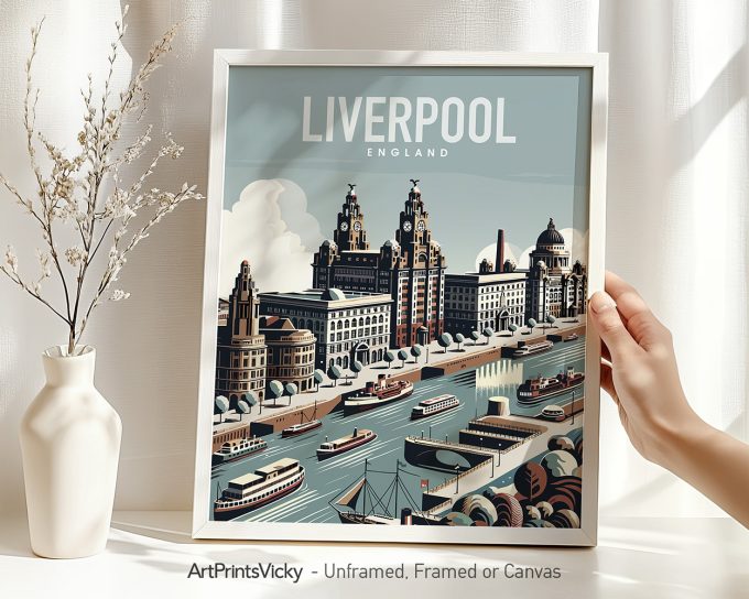 Framed print of Liverpool featuring buildings and boats along the waterfront.