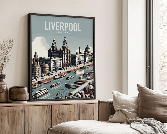 Illustration of Liverpool, England, featuring buildings and boats along the waterfront.