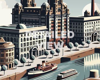 Illustration of Liverpool's waterfront featuring buildings, boats, and trees along the river.