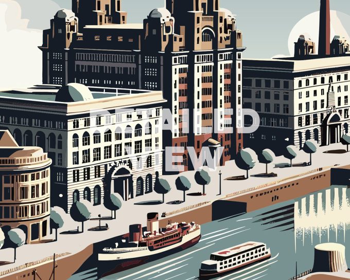 Illustration of Liverpool's waterfront featuring buildings, boats, and trees along the river.