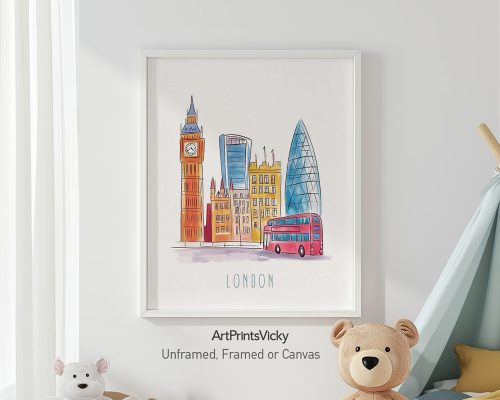 Illustration of London featuring Big Ben, modern buildings, and a red double-decker bus.