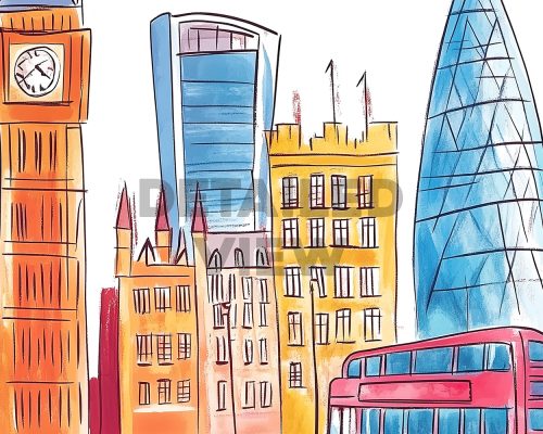 Colorful illustration featuring iconic London landmarks including Big Ben and modern skyscrapers.