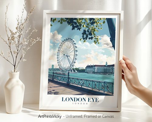 Framed artwork of the London Eye with a blue sky and clouds in the background.