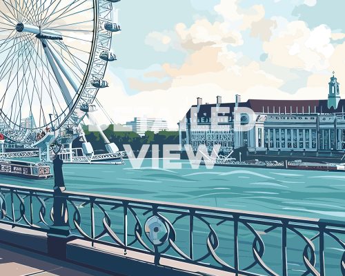 Illustration of the London Eye beside the River Thames with a view of the cityscape.