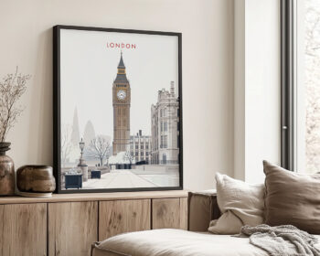 Framed artwork depicting the Big Ben clock tower and surrounding buildings in London.