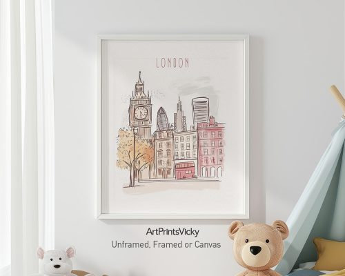 Art print featuring a stylized illustration of London with buildings and a clock tower.