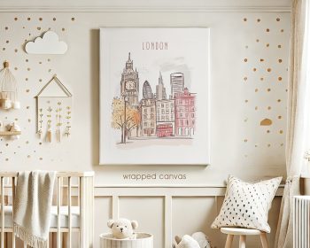 Wrapped canvas artwork featuring a London cityscape with a clock tower and a red double-decker bus.