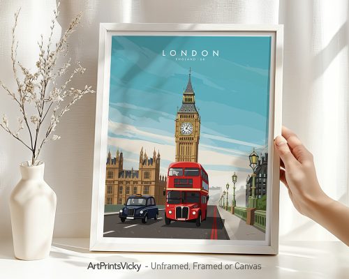Framed art print featuring a London cityscape with Big Ben and a red double-decker bus.