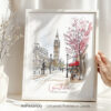 Illustration of London featuring Big Ben and cherry blossom trees in a framed print.