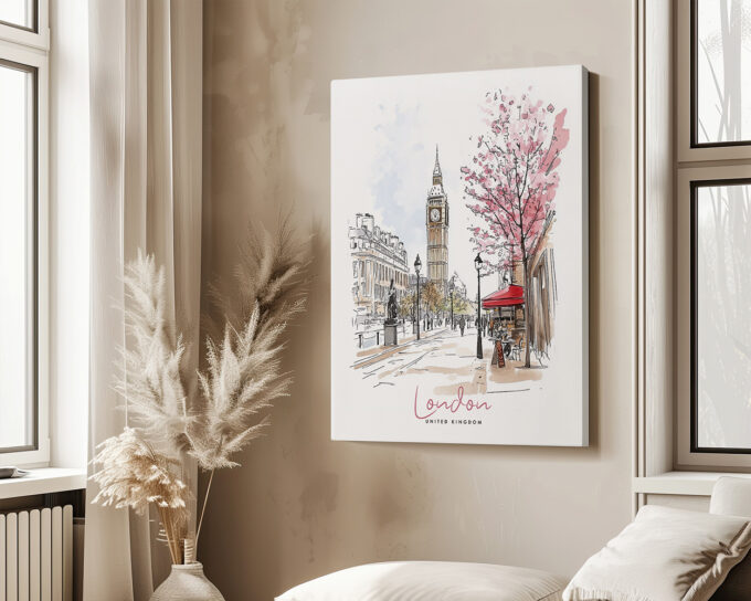 Illustration of London featuring Big Ben and cherry blossom trees in a city setting.