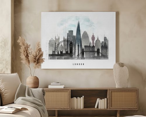 Artistic representation of London's skyline featuring notable buildings and landmarks.