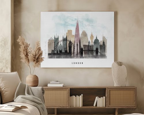 Art print featuring a silhouette of London skyline with notable landmarks and a light watercolor background.