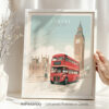 Illustrated print of Big Ben with a red London double-decker bus in front of the Houses of Parliament.